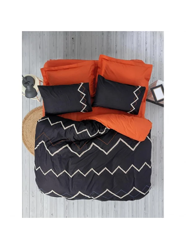 Cottonbox Puff Nak. Ranforce Mirely Siyah-Kiremit Çift Kişilik Nevresim Takımı