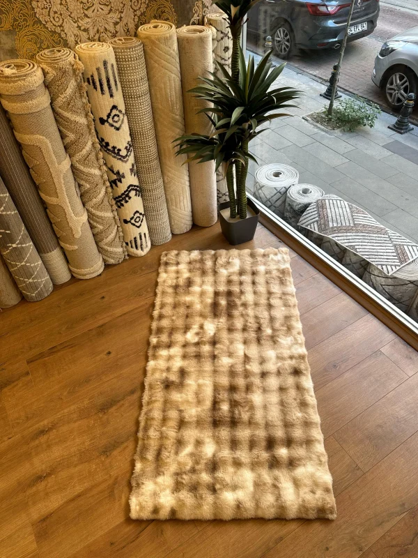 Destan Halı Çift Renk Bubble Peluş Özel Ölçü Antialerjik ve Yumuşak Halı Krem Kahve