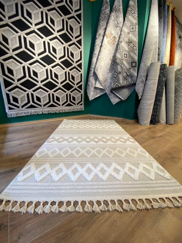 Destan Halı Jakarta 451 Ivory Bej-krem Renk Saçaklı Kabartmalı Modern Salon Oturma Odası Halısı