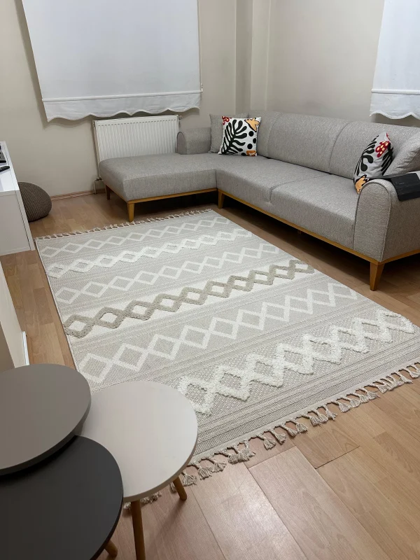 Destan Halı Jakarta 451 Ivory Bej-krem Renk Saçaklı Kabartmalı Modern Salon Oturma Odası Halısı