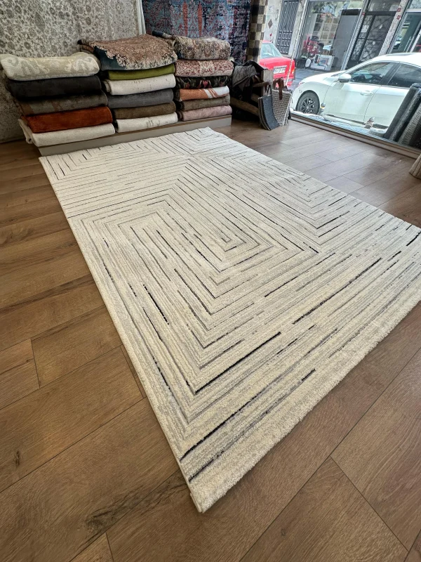 Destan Halı Odense Robot Süpürgeye Uygun Modern Desenli Kolay Temizlenebilir Salon Halısı 2050B Krem Gri