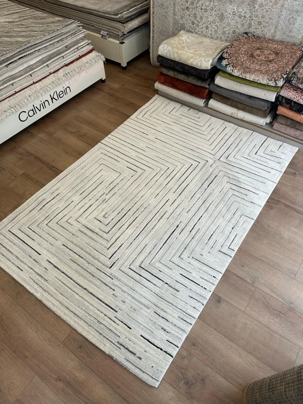 Destan Halı Odense Robot Süpürgeye Uygun Modern Desenli Kolay Temizlenebilir Salon Halısı 2050B Krem Gri