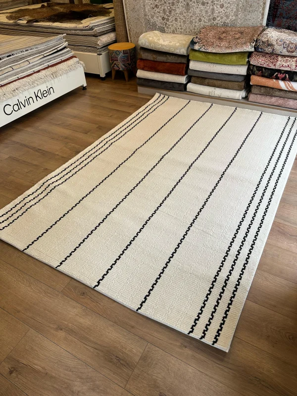 Destan Halı Odense Robot Süpürgeye Uygun Modern Desenli Kolay Temizlenebilir Salon Halısı A2061C KREM SİYAH