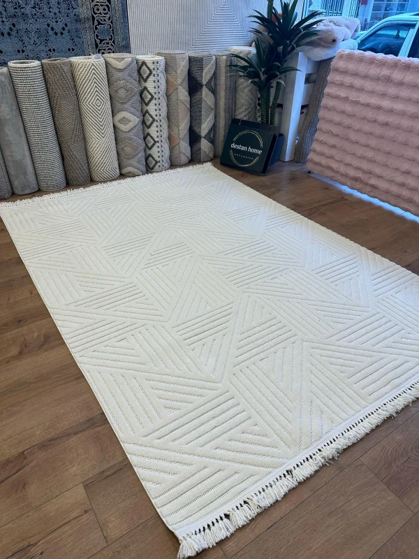 Destan Halı Tokyo 02 Beyaz Modern İskandinav Hav Toz Vermez Etnik Modern Makine Halısı