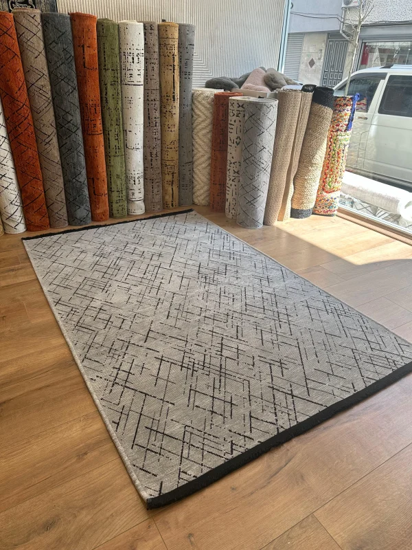 Destan Halı Ürgüp 6008 Açık Gri Kaymaz Tabanlı Yıkanabilir Kilim