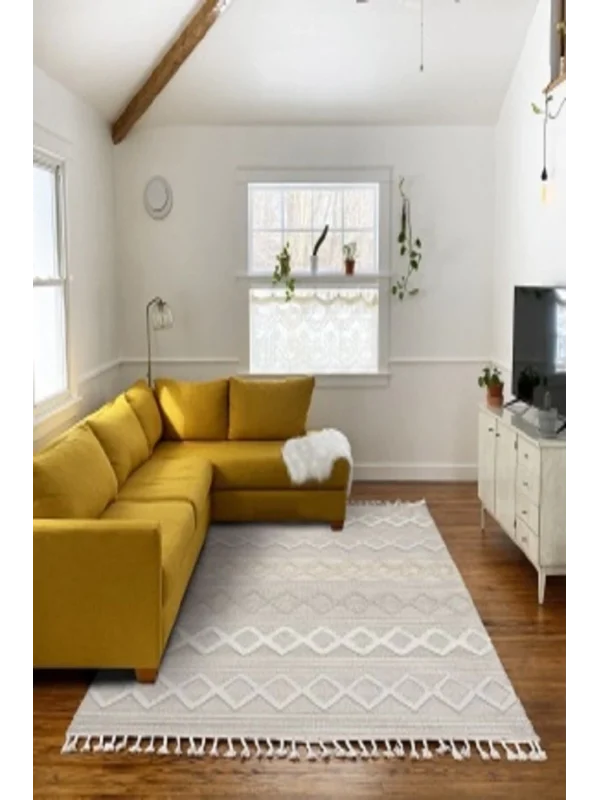 Destan Halı Jakarta 451 Ivory Bej-krem Renk Saçaklı Kabartmalı Modern Salon Oturma Odası Halısı