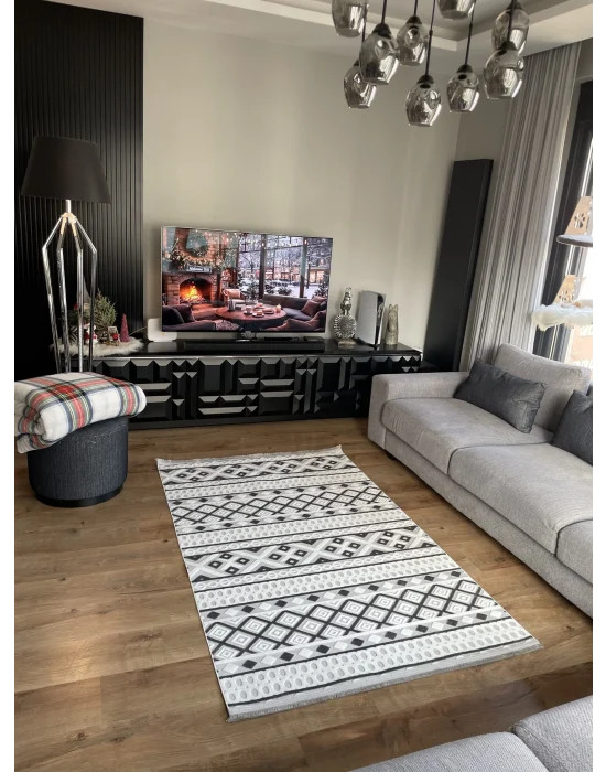 Destan Halı Zaragoza İnce Saten Dokuma Makinede Yıkanabilir Model Z-28 Gri Beyaz