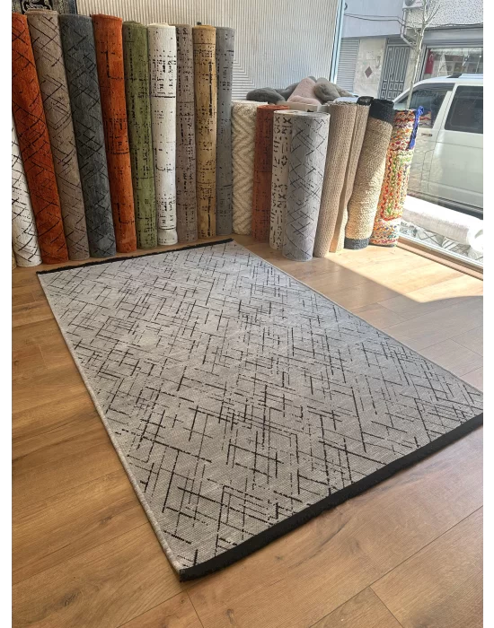 Destan Halı Ürgüp 6008 Açık Gri Kaymaz Tabanlı Yıkanabilir Kilim