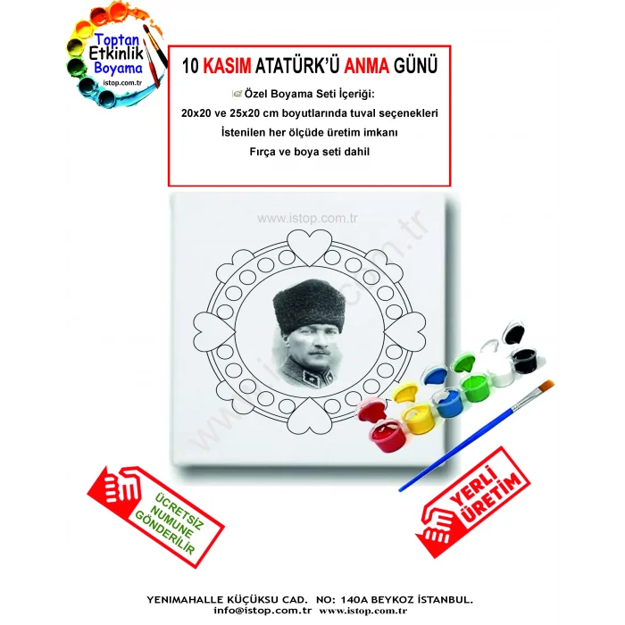 10 Kasım Atatürk’ü Anma Günü Özel Tuval Boyama Seti - Boya ve Fırça Seti- 20 x20