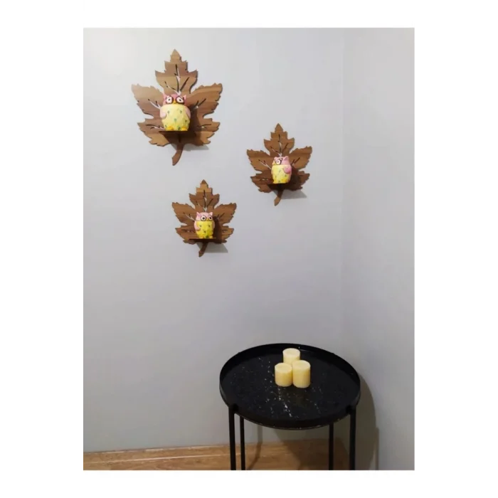 lü Ahşap Duvar Süsü Rafı Çınar Yaprağı Mumluk