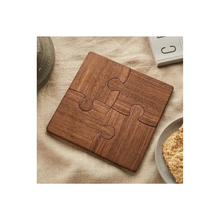 Ahşap Desenli Puzzle Mdf Bardak Altlığı 4lü Set 10x10 Cm Masaüstü Dekorasyon Eşyası