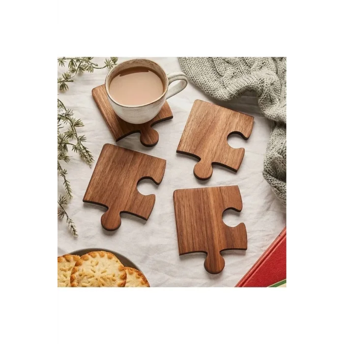 Ahşap Desenli Puzzle Mdf Bardak Altlığı 4lü Set 10x10 Cm Masaüstü Dekorasyon Eşyası