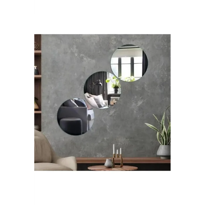 Dekoratif Yuvarlak Gümüş Ayna Pleksi Duvar Süsü 3 Adet ( Yapışkanlı )