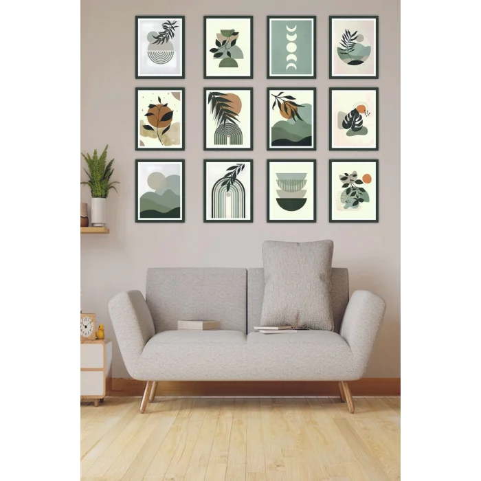 12 Parça Yapraklar Duvar Dekoru - Salon Oturma Yatak Odası Mutfak Ofis Antre Için Tablo Seti