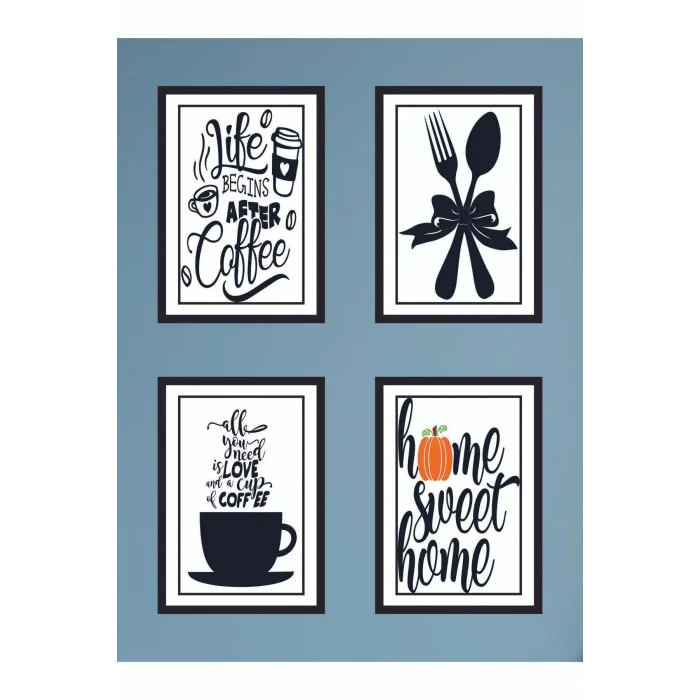 4 Parça Mutfak Ev Dekarasyon Çerçeve Görünümlü Ahşap Arkası Yapışkanlı Mdf Tablo Çoklu Set