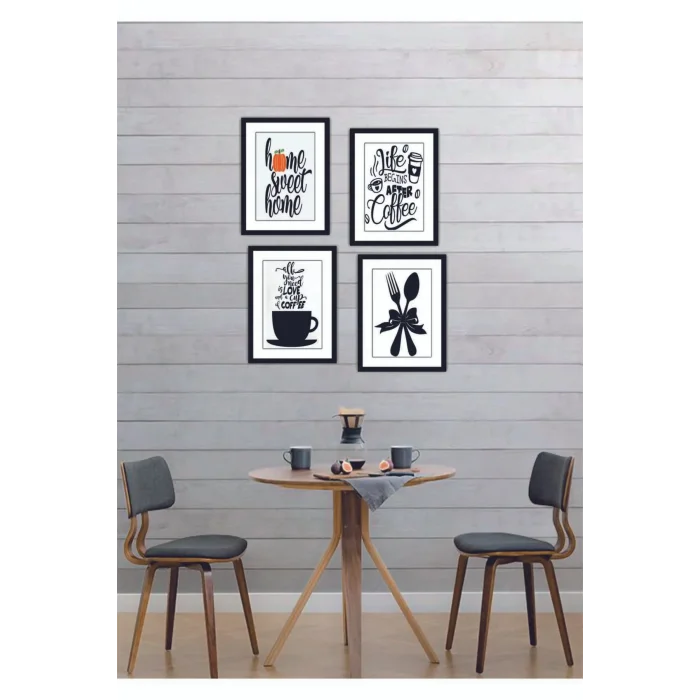 4 Parça Mutfak Ev Dekarasyon Çerçeve Görünümlü Ahşap Arkası Yapışkanlı Mdf Tablo Çoklu Set