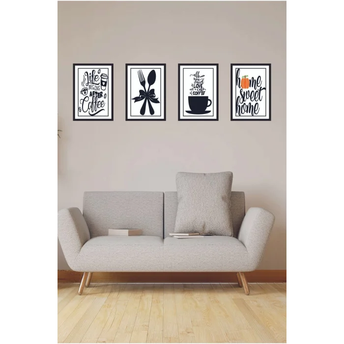 4 Parça Mutfak Ev Dekarasyon Çerçeve Görünümlü Ahşap Arkası Yapışkanlı Mdf Tablo Çoklu Set