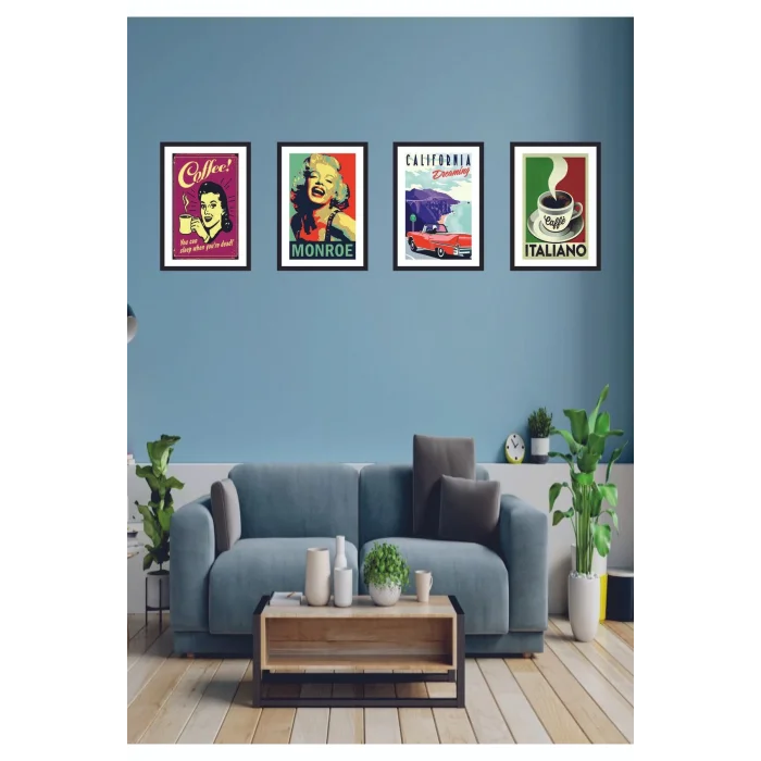 4 Parça Mutfak Ev Dekarasyon Çerçeve Görünümlü Ahşap Arkası Yapışkanlı Mdf Tablo Çoklu Set