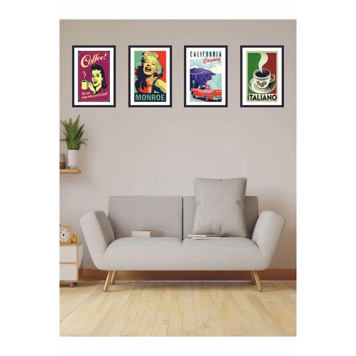 4 Parça Mutfak Ev Dekarasyon Çerçeve Görünümlü Ahşap Arkası Yapışkanlı Mdf Tablo Çoklu Set