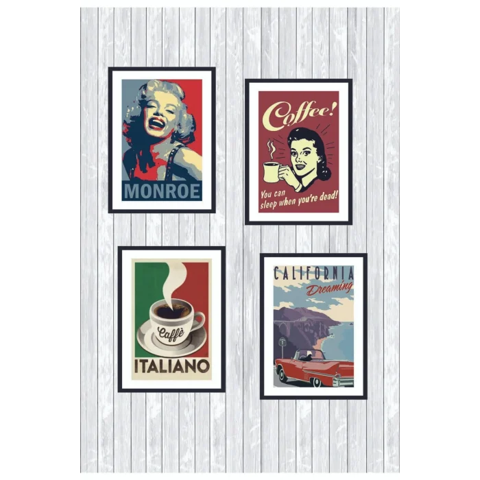 4 Parça Mutfak Ev Dekarasyon Çerçeve Görünümlü Ahşap Arkası Yapışkanlı Mdf Tablo Çoklu Set