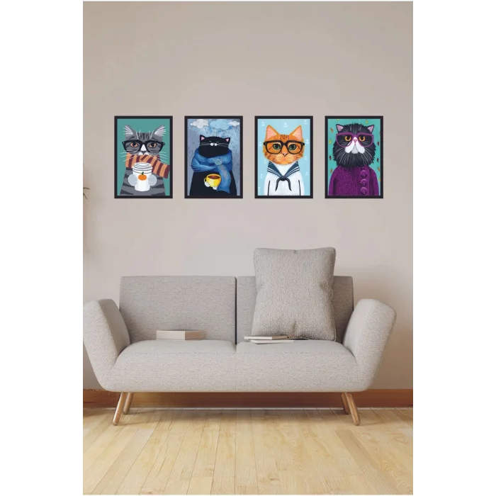 4 Parça Mutfak Ev Dekarasyon Çerçeve Görünümlü Ahşap Arkası Yapışkanlı Mdf Tablo Çoklu Set