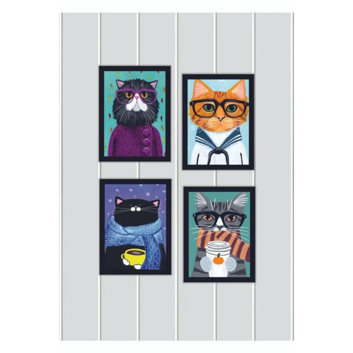 4 Parça Mutfak Ev Dekarasyon Çerçeve Görünümlü Ahşap Arkası Yapışkanlı Mdf Tablo Çoklu Set