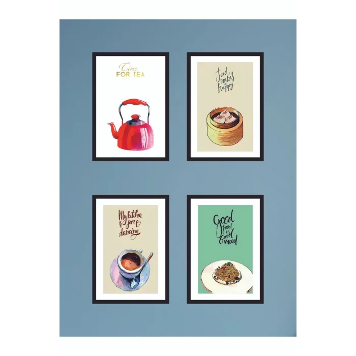 4 Parça Mutfak Ev Dekarasyon Çerçeve Görünümlü Ahşap Arkası Yapışkanlı Mdf Tablo Çoklu Set