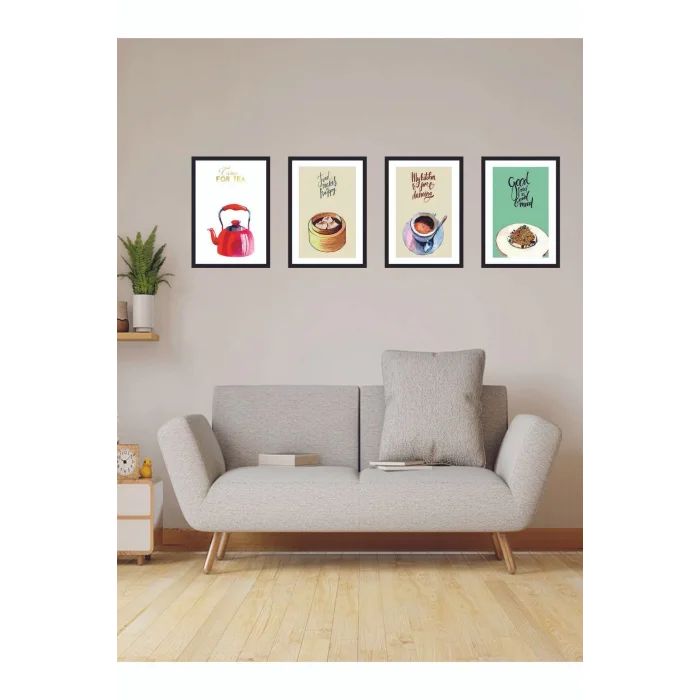 4 Parça Mutfak Ev Dekarasyon Çerçeve Görünümlü Ahşap Arkası Yapışkanlı Mdf Tablo Çoklu Set