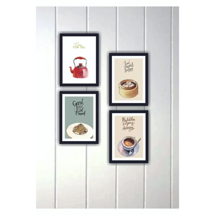 4 Parça Mutfak Ev Dekarasyon Çerçeve Görünümlü Ahşap Arkası Yapışkanlı Mdf Tablo Çoklu Set