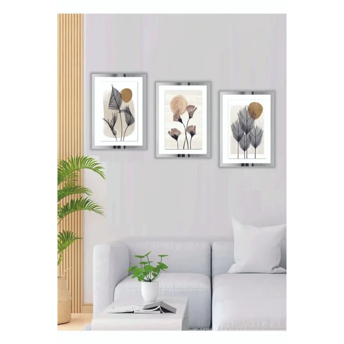 3 Parça Çiçek Ev Dekorasyon Pleksi Çerçeveli Aynalı Parlak Dekor Mdf Çoklu Tablo Set