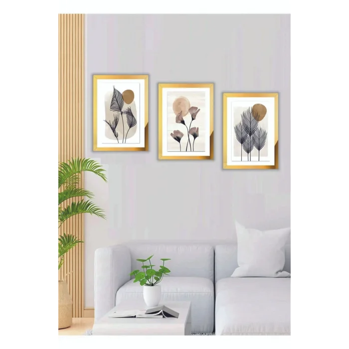 3 Parça Çiçek Ev Dekorasyon Pleksi Çerçeveli Aynalı Parlak Dekor Mdf Çoklu Tablo Set