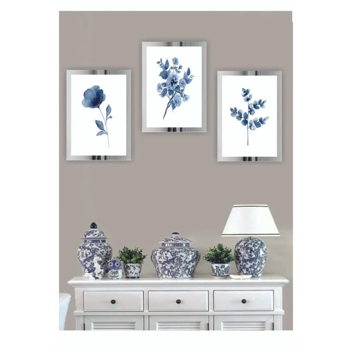 3 Parça Çiçek Ev Dekorasyon Pleksi Çerçeveli Aynalı Parlak Dekor Mdf Çoklu Tablo Set