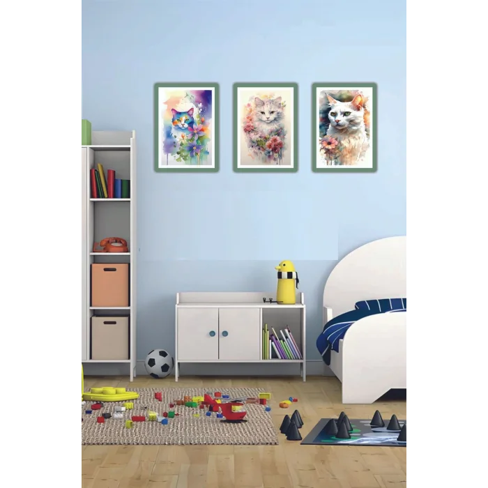 3 Parça Çerçeve Görünümlü Mdf Tablo Seti Çiçek Kedi Tablo