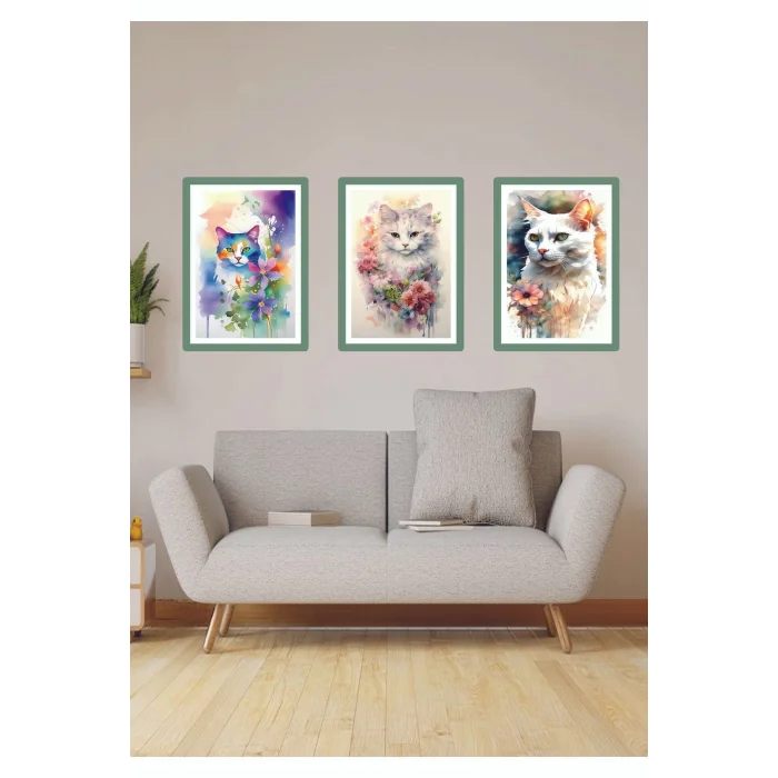 3 Parça Çerçeve Görünümlü Mdf Tablo Seti Çiçek Kedi Tablo