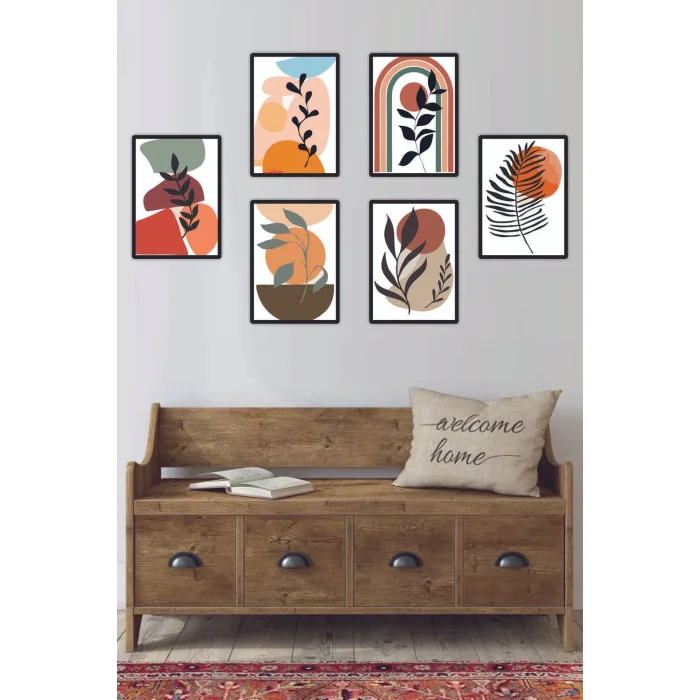 6 Parça Bohem Yapraklar Duvar Dekoru - Salon Oturma Yatak Odası Mutfak Ofis Antre Için Tablo Seti