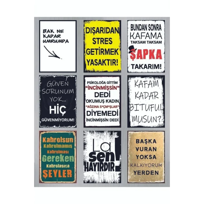 9 Parça Karışık Yazılı Ahşap Tablo Seti