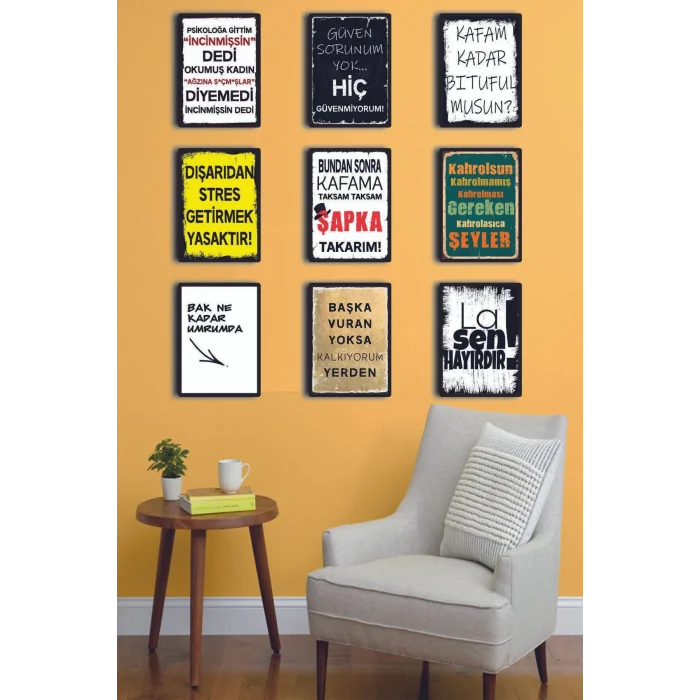 9 Parça Karışık Yazılı Ahşap Tablo Seti