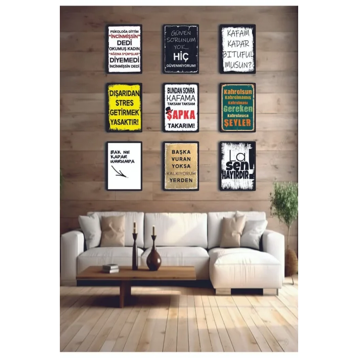 9 Parça Karışık Yazılı Ahşap Tablo Seti