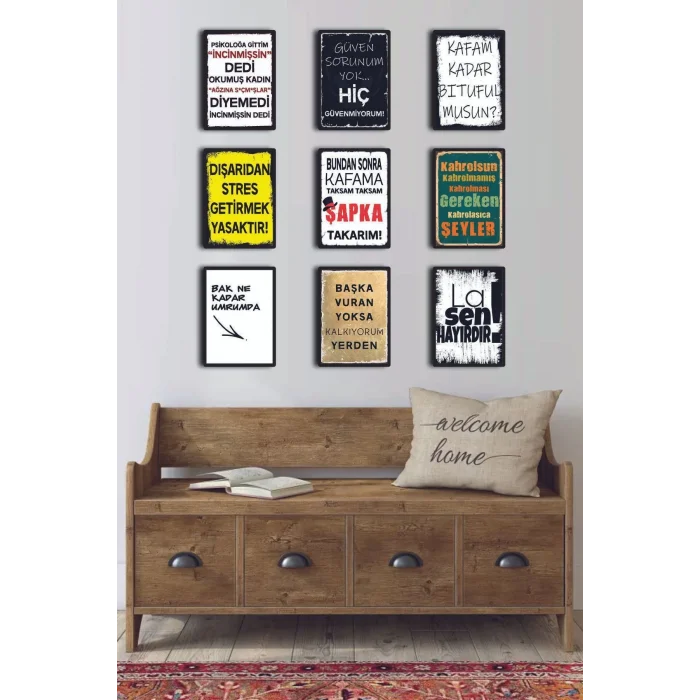 9 Parça Karışık Yazılı Ahşap Tablo Seti