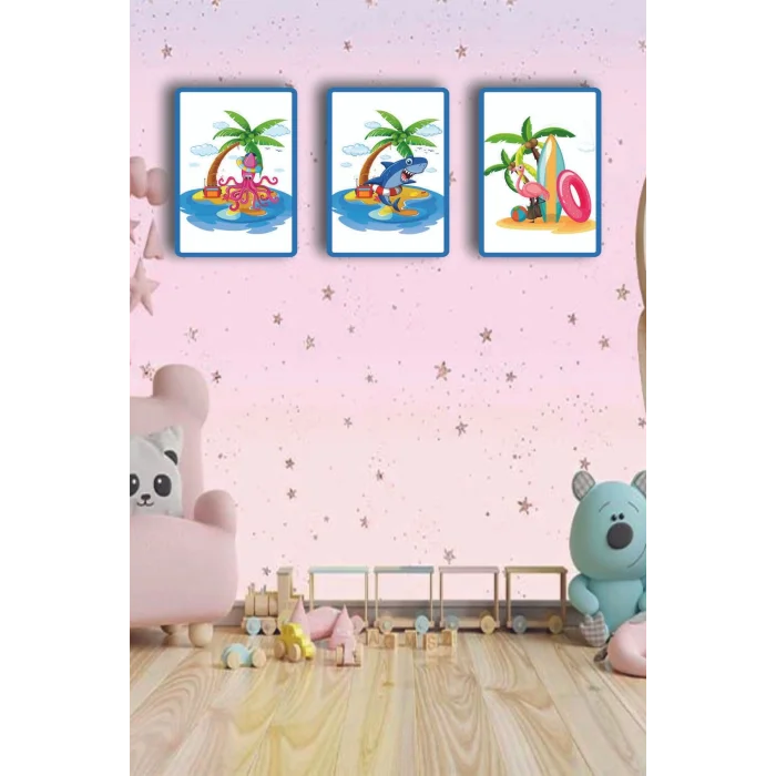 Çocuk Odası Tablo - Deniz Hayvanları - Çocuk Odası Dekorasyon - Ahtapot- Flamingo - Köpekbalığı.