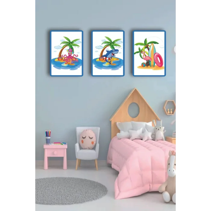 Çocuk Odası Tablo - Deniz Hayvanları - Çocuk Odası Dekorasyon - Ahtapot- Flamingo - Köpekbalığı.