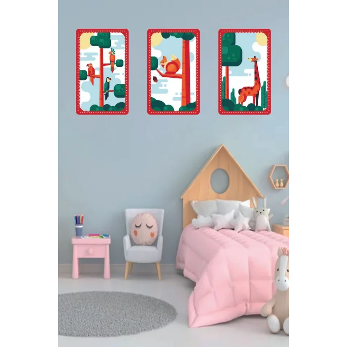 Çocuk Odası Tablo - Safari Hayvanları - Çocuk Odası Dekorasyon - Papağan - Sincap - Zürafa.