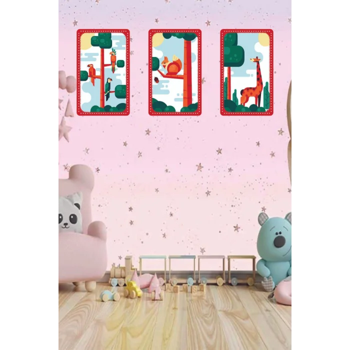 Çocuk Odası Tablo - Safari Hayvanları - Çocuk Odası Dekorasyon - Papağan - Sincap - Zürafa.