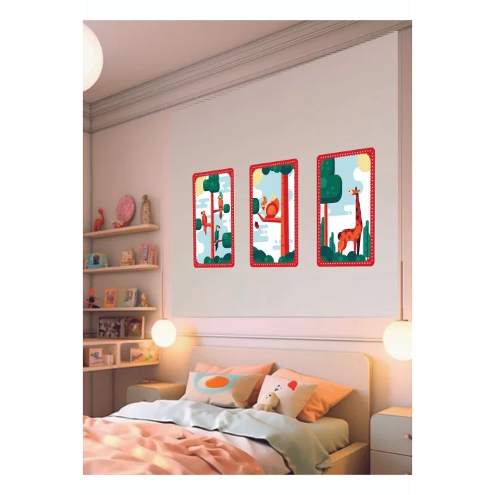 Çocuk Odası Tablo - Safari Hayvanları - Çocuk Odası Dekorasyon - Papağan - Sincap - Zürafa.