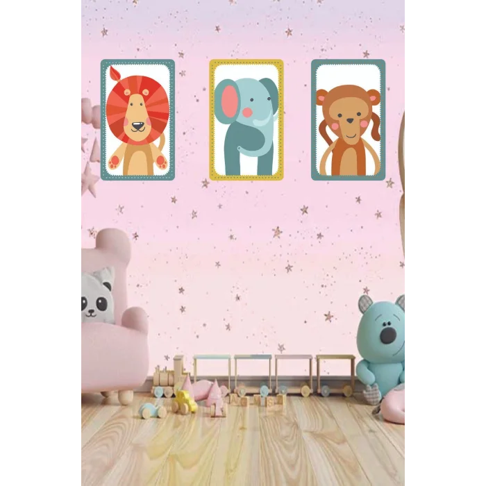 Çocuk Odası Tablo - Safari Hayvanları - Çocuk Odası Dekorasyon - Fil - Aslan - Maymun.