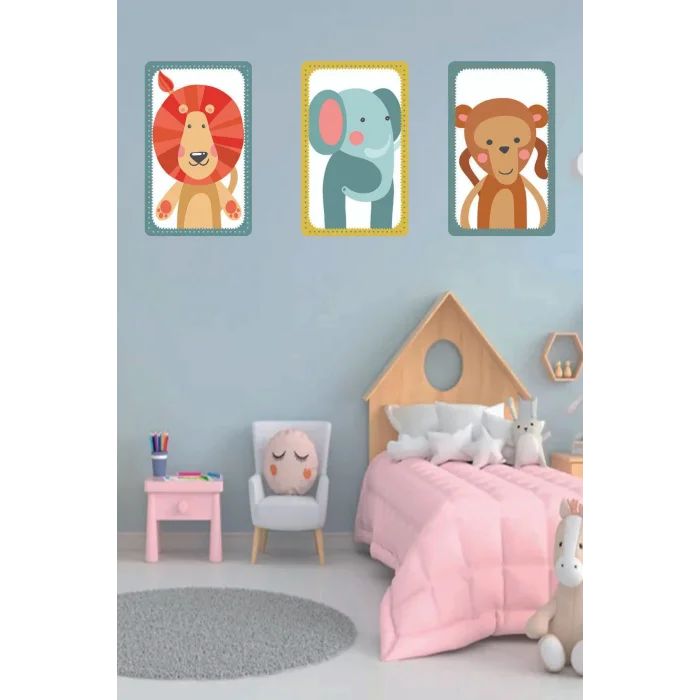 Çocuk Odası Tablo - Safari Hayvanları - Çocuk Odası Dekorasyon - Fil - Aslan - Maymun.