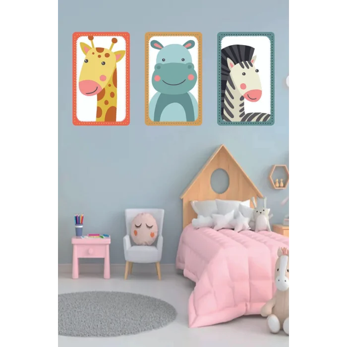Çocuk Odası Tablo - Safari Hayvanları - Çocuk Odası Dekorasyon - Zürafa - Su Aygırı - Zebra