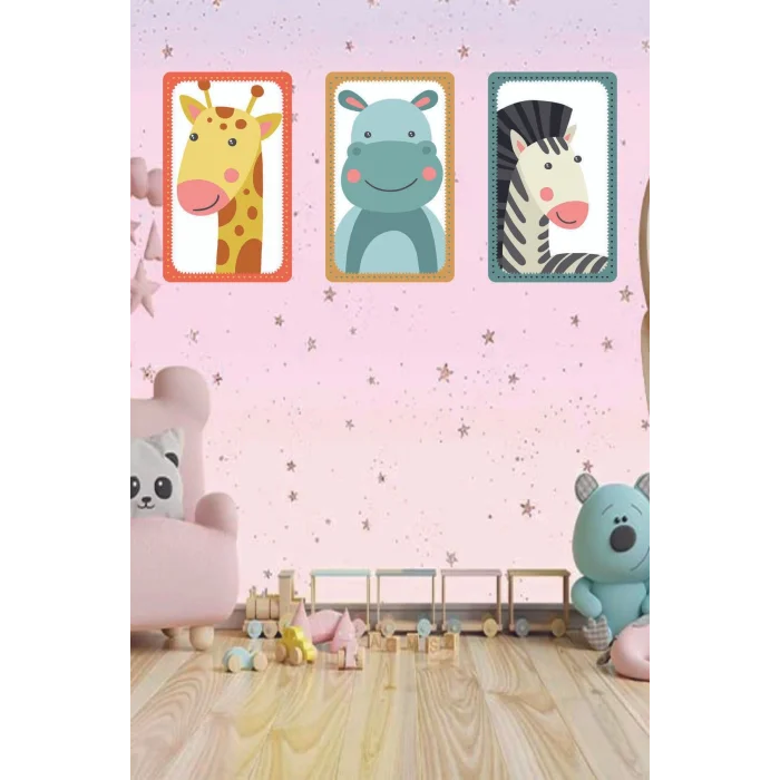 Çocuk Odası Tablo - Safari Hayvanları - Çocuk Odası Dekorasyon - Zürafa - Su Aygırı - Zebra