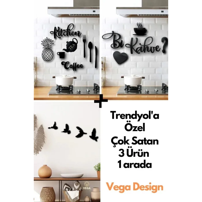 Kitchen 9 Parça + Bi Kahve + 4lü Kuş Duvar Dekoru 3 Ürün 1 Arada 3ü1arada