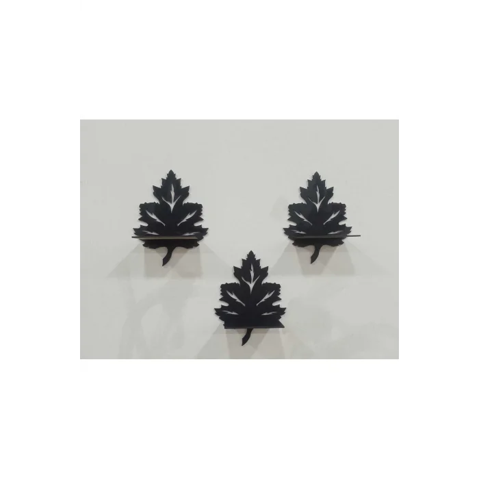 3lü Ahşap Duvar Süsü Rafı Çınar Yaprağı Mumluk Siyah Yaprak Raf 3lü